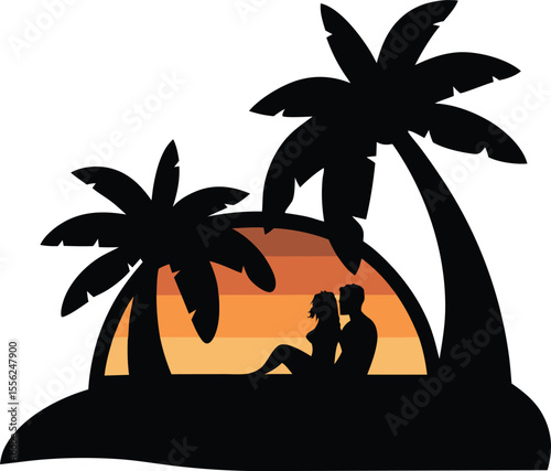Romantic Tropical Sunset Silhouette with Palm Trees and Couple