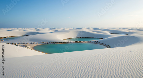 Coastal dunes and turquoise sea in the Lençóis Maranhenses, with soft curves of white sand and lagoon pools under a blue sky — northeast Brazil nature scene