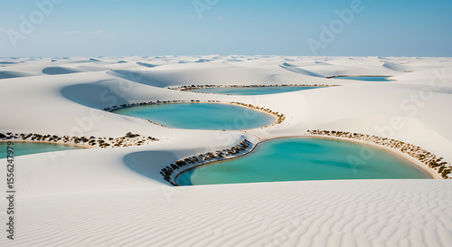 Coastal dunes and turquoise sea in the Lençóis Maranhenses, with soft curves of white sand and lagoon pools under a blue sky — northeast Brazil nature scene
