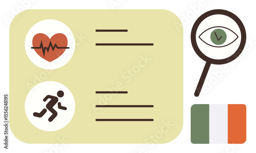Heartbeat icon, running symbol, data lines, magnifying glass with eye, and Irish flag. Ideal for health, fitness, medical analysis, activity monitoring wellness apps research simple flat metaphor