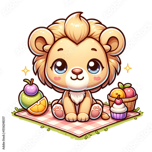 Cute Lion Cub Picnic Scene: This charming illustration features a baby lion cub enjoying a picnic with fresh fruits and a cupcake, creating a playful and heartwarming image.