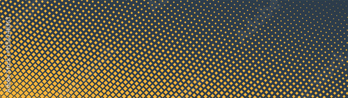Square wavy grid halftone pattern faded gradient ultra wide 32:9 aspect ratio vector yellow black abstract background. Half tone graphic texture panoramic ultrawide format retro futuristic abstraction