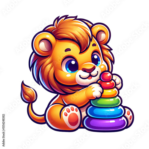 Cute Lion Cub Playing with Stacking Rings: An adorable cartoon lion cub with bright blue eyes and a fluffy mane plays happily with colorful stacking rings.