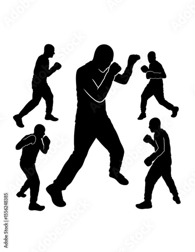 Male boxing sport training pose, jab, hook, silhouette