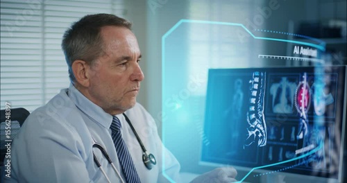 Professional doctor examines an advanced AI-powered brain scan interface for accurate medical diagnostics, showcasing innovation in healthcare and artificial intelligence technologies.