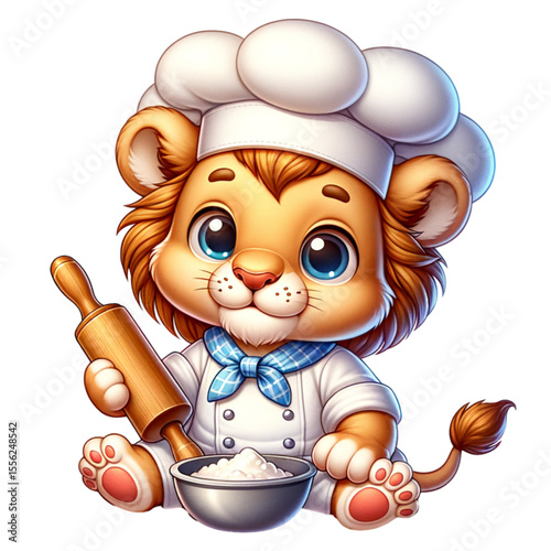 Chef Lion's Delight: A charming and adorable lion cub dressed as a chef, complete with a toque and chef's coat, playfully handles a rolling pin and a bowl of flour.