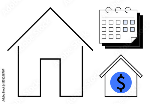 Minimalist house outline, calendar for payment schedule, dollar sign inside home symbol. Ideal for real estate, mortgage, budgeting, payment planning, homeownership, economy financial concepts