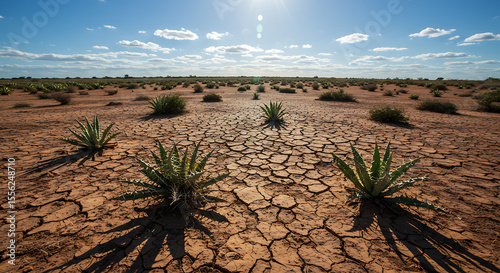 Semi-arid landscape of the Caatinga biome with thorny plants, cacti, and dry cracked earth under intense sunlight — unique ecosystem of northeastern Brazil