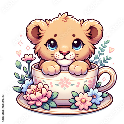 Cute Lion Cub in Teacup: An adorable cartoon lion cub with big, expressive eyes peeks from a charming teacup surrounded by delicate flowers.