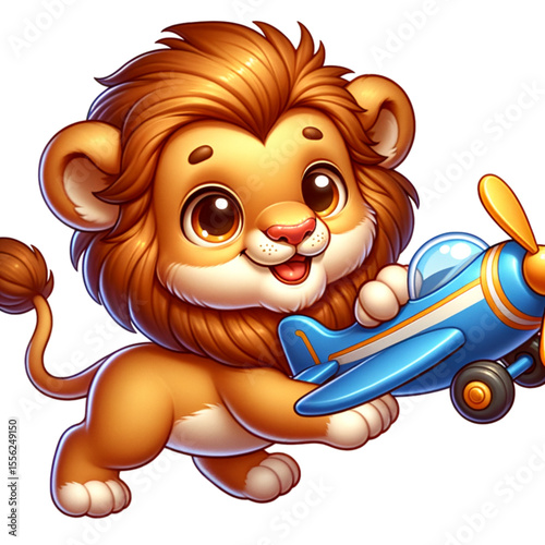 Playful Cub in Flight: A charming illustrated lion cub clutches a toy airplane, embodying innocence and a spirit of adventure, set against a bright, inviting backdrop.