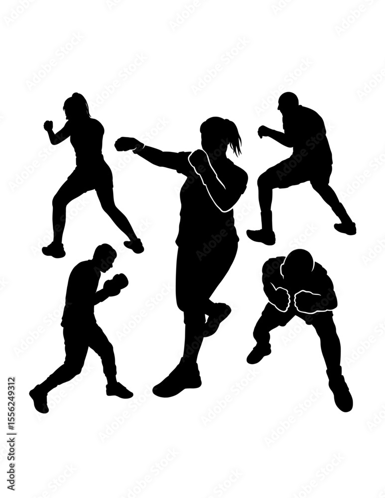 Fototapeta premium Male and female boxing sport training pose, jab, hook, silhouette