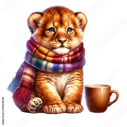 Cozy Cub with a Warm Mug: A charming cub with a cuddly scarf sits beside a warm mug, exuding an atmosphere of warmth, affection, and innocence.
