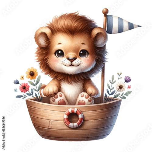 Cute Lion Cub's Nautical Adventure: Adorable lion cub sails in a wooden boat, surrounded by flowers and a nautical flag, symbolizing joy, adventure, and childhood wonder.