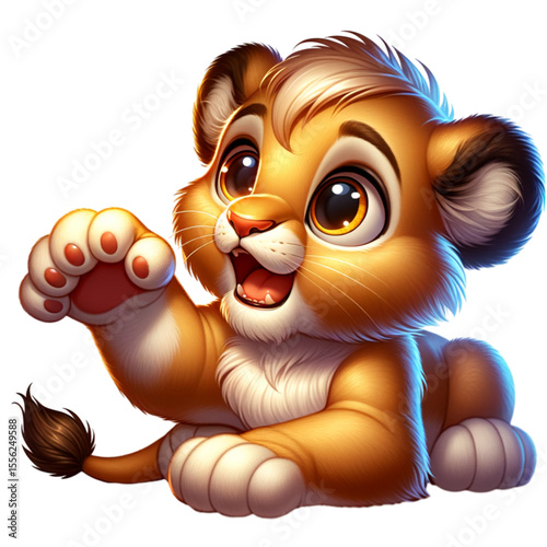 Playful Lion Cub: A cute and cuddly cartoon lion cub smiles, waving its paw in greeting, full of curiosity and charm.