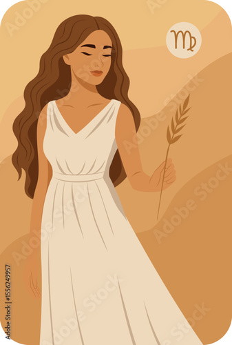 Virgo sign. Horoscopes. Vector illustration of a beautiful woman in the image of Virgo with a spikelet in her hand. Symbol of purity, care, inner harmony. Use for printing, social networks, astrology