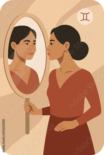 Zodiac sign Gemini. Horoscopes. Astrology. Vector illustration of an Asian woman looking at her reflection in the mirror. Symbol of duality, intelligence, self-knowledge