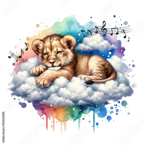 Lion Cub's Dreamland: A serene lion cub peacefully rests on a fluffy cloud, a whimsical scene, embraced by a vibrant watercolor palette and musical notes, depicting the innocent dreams of youth.