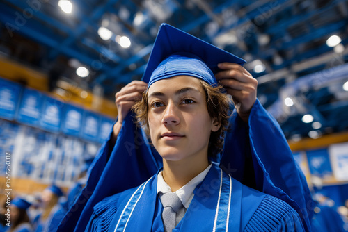 Graduation Moment: A graduate in a blue cap and gown prepares for their momentous graduation day, wearing a look of anticipation and excitement.