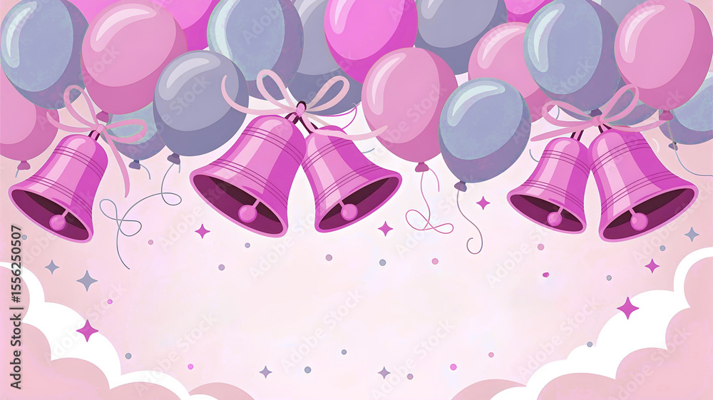 Fototapeta premium A whimsical celebration background with pink and grey balloons, bright pink bells, shimmering stars, and fluffy clouds, perfect for birthdays and baby showers