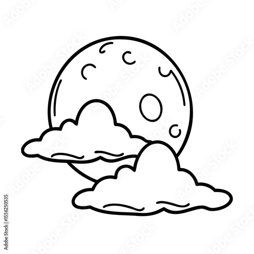 Black and white illustration of moon with craters and two stylized clouds