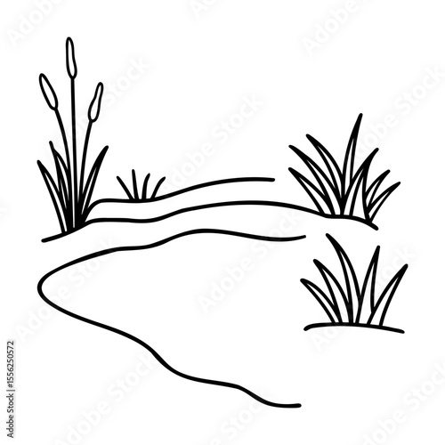 Black line art illustration of pond with reeds and grass