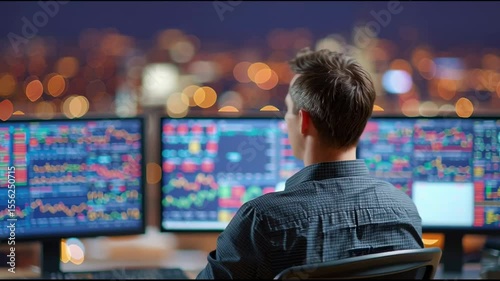 A person is sitting at a desk monitoring multiple computer screens displaying complex data, likely in a trading or analytic environment.
