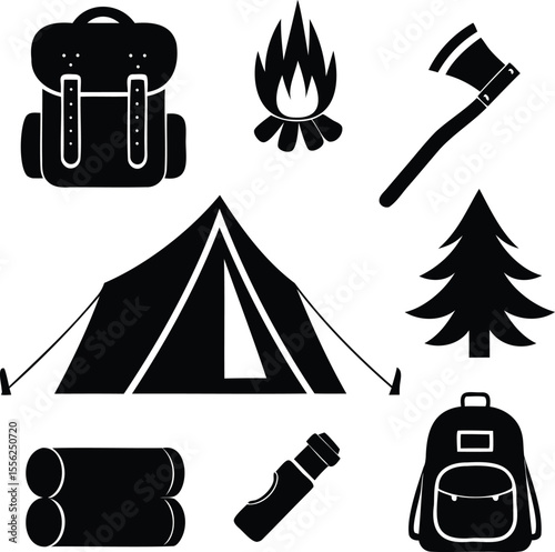 Camping Adventure Icons Vector Set - Tent, Backpack, Fire, Axe, and Trees