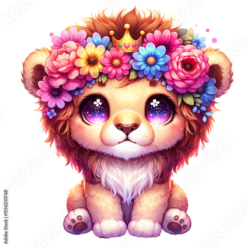 Enchanting Lion Cub: A cute baby lion cub, adorned with a vibrant flower crown and tiny crown, radiates warmth and innocence in a delightful photorealistic artwork.