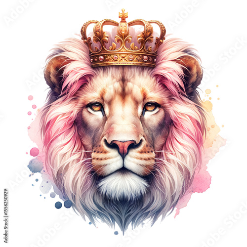 Majestic Lion with Crown: A regal lion, adorned with a golden crown, its mane tinged with pastel pink and blue hues, commands attention against a watercolor-splattered backdrop.