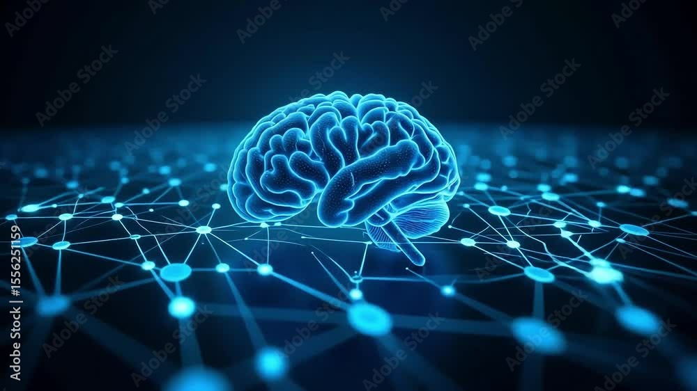 Human brain with neural network in a digital, glowing, and blue technology style.
