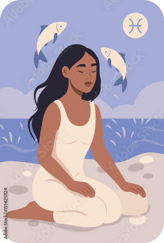 Zodiac sign Pisces. Horoscopes. Astrology. Vector illustration of a woman sitting on the shore, and two fish are unharnessed from the sea for days. Symbol of dreaminess, intuition, depth