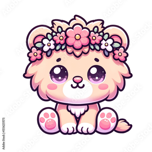 Flower Crowned Feline Delight: An adorable, cartoon-style lion cub, adorned with a delicate floral crown, captivates with its innocent charm and heartwarming presence. 
