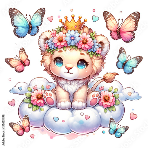 Lion Cub Dreams: A whimsical digital illustration of a lion cub adorned with a crown and floral wreath, amidst floating clouds and playful butterflies.
