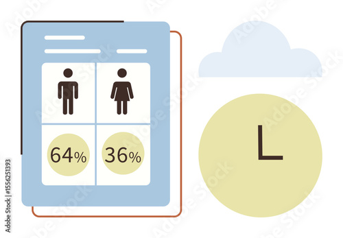 Data chart highlights male and female figures with percentage statistics. Complemented by minimalistic clock and cloud shapes. Ideal for demographics, statistics, survey results, infographics, time
