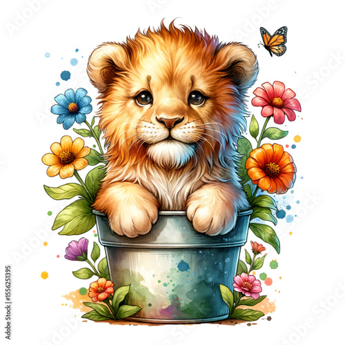 Lion Cub in Floral Embrace: A captivating, charming lion cub rests in a pot surrounded by blossoms, celebrating the wonder of nature.