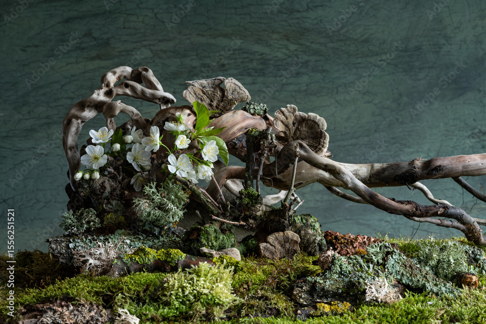 Obraz premium Soft cherry blossoms and vibrant wild geraniums bloom in a mysterious spring atmosphere. A dreamy and enchanting scene filled with freshness and quiet wonder