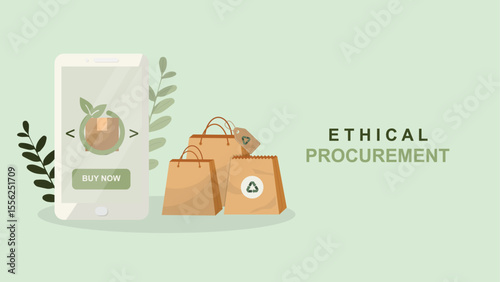 Ethical procurement mobile shopping concept with sustainable packaging and recyclable bags. Responsible e-commerce and environmental business practices ideal for corporate ethics presentation. Vector