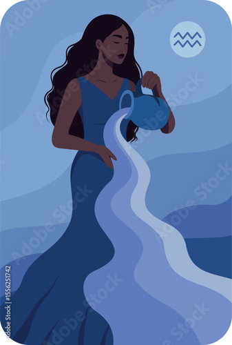 Aquarius sign. Horoscopes. Vector illustration of a beautiful woman with a jug from which water flows. Symbol of inspiration, intuition, ideas, freedom. Use for printing, social networks, astrology