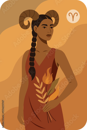 Aries sign. Horoscopes. Vector illustration of a beautiful African woman in the image of Aries. Horns, fire flower, warm palette symbolizes strength, energy. Use for print, social networks, astrology