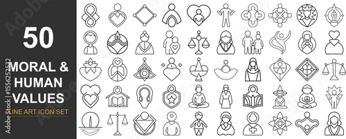 50 Line Art Vector Icons Representing Core Human Values Including Kindness, Integrity, Empathy, Respect, and More — Ideal for Education, Mental Health, Nonprofit Campaigns, and Character Development