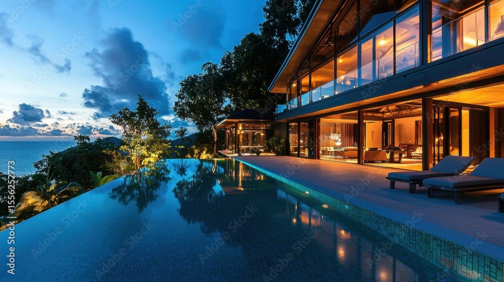 Fototapeta premium Luxurious tropical villa with infinity pool and lounge chairs at dusk, overlooking the ocean. Ideal for resort advertisement.