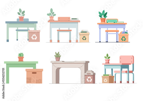 Eco classroom desk with plant on top and recycled materials box beside, soft pastel tones in simplified form on white background