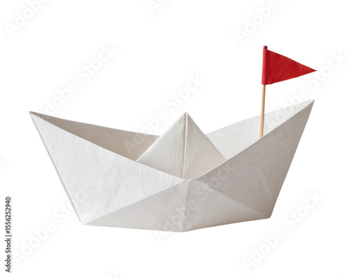Elegant White Origami Boat with a Red Flag Perfect for Nautical Themes and Creative Projects, Isolated on Transparent and White Background