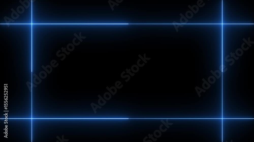 Neon line glowing rectangle frame on black background. Glowing blue neon frame background animation rectangle shape.