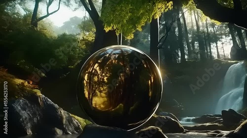 Mystical Orb Reflecting Forest Tranquility by a Serene Waterfall Landscape