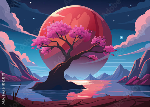 Majestic Tree by Tranquil Lake Under a Vibrant Red Planet Sky