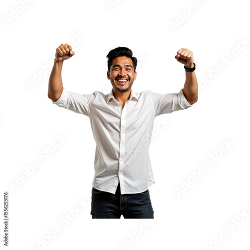 Joyful Young Man Celebrating Success with Arms Raised