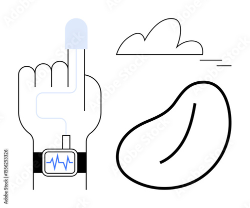 Hand wearing a health monitor tracking vital signs, kidney icon symbolizing medical focus, cloud for data storage. Ideal for healthcare, fitness, technology, diagnostics, telemedicine, big data