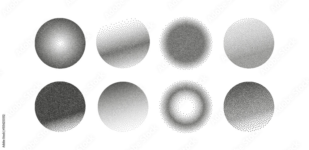 Set of backgrounds in halftone and pointillism style. Noise and grain gradient effect. Dotted sand. Stipplism. Dotwork. Circle and round shapes. Monochrome Pattern. Texture. Pop art. Grunge effect.