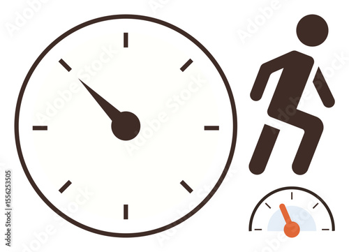 Large clock face, simplified speedometer, and running figure symbolize urgency, productivity, efficiency, and goal focus. Ideal for time management, productivity, urgency efficiency speed